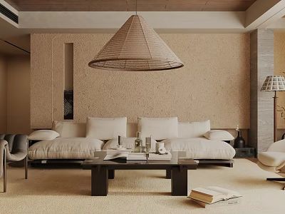 Modern Minimalist Living Room Interior With Beige Sofa Woven Pendant Light And Black Coffee Table 3d model