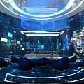 Futuristic Tech Control Room With Holographic Displays Blue Lighting And Seating