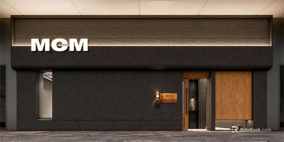 Modern Stylish Clothing Store Exterior Design With Sleek Dark Facade And Warm Wooden Decorative Details 3d model 