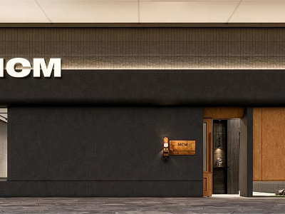 Modern Stylish Clothing Store Exterior Design With Sleek Dark Facade And Warm Wooden Decorative Details 3d model