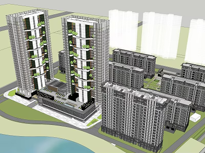 Modern High Rise Residential Buildings With Surrounding Low Rise Structures Green Areas And Waterfront 3d model