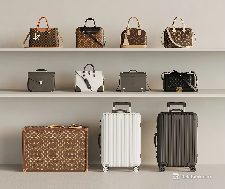 Various Stylish Handbags And Luggage Displayed On Shelves With Classic Designs 3d model 