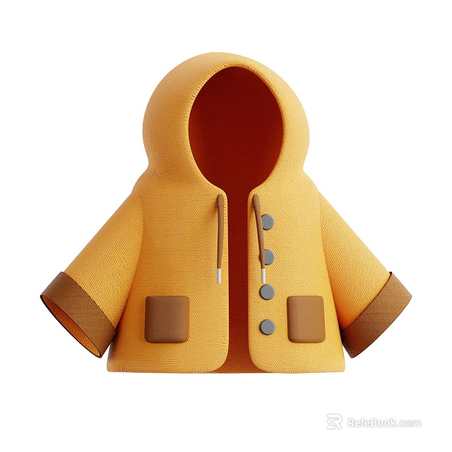 Yellow Hooded Jacket With Brown Cuffs Pockets Gray Buttons And Zipper 3d model 
