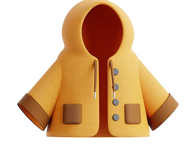 Yellow Hooded Jacket With Brown Cuffs Pockets Gray Buttons And Zipper 3d model