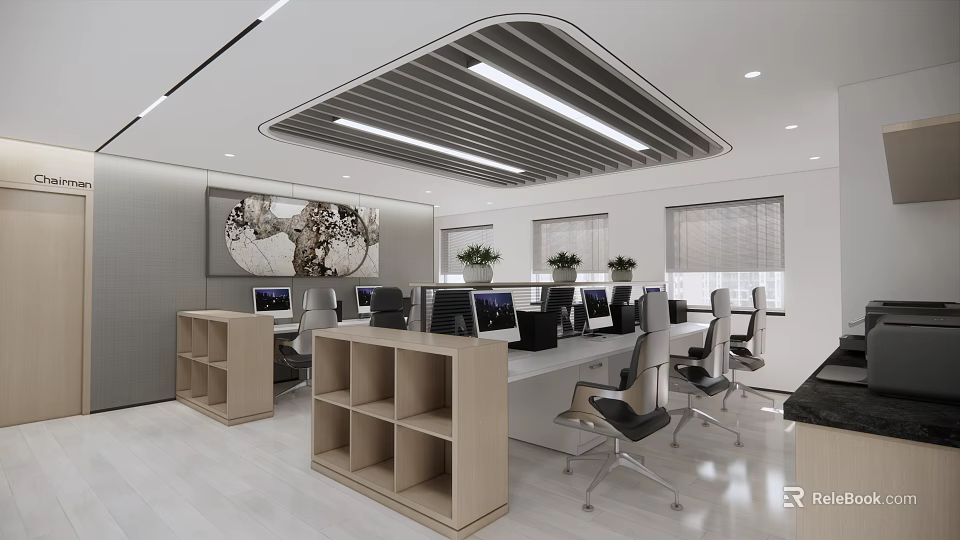Modern Office Interior Design With Open Layout Desks Computers Plants And Wall Art 3d model 