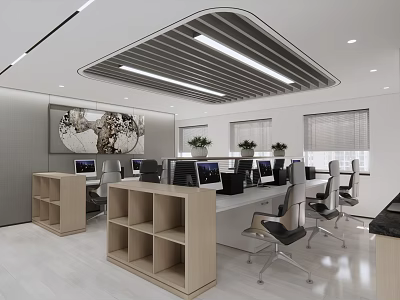 Modern Office Interior Design With Open Layout Desks Computers Plants And Wall Art 3d model
