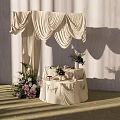 Elegant Floral Display with Beige Drapery Canopy and Pink White Flower Arrangements on Decorative Table