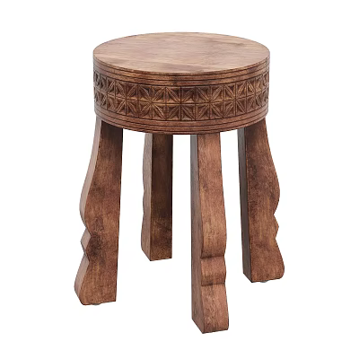 Round Wooden Stool With Carved Pattern And Unique Three Leg Design 3d model