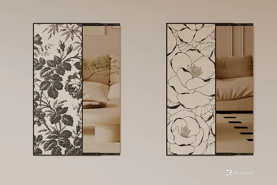 Stylish Floral Decorative Screens With Black White Patterns For Interior Design 3d model 