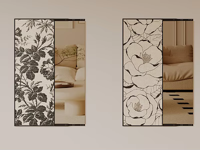 Stylish Floral Decorative Screens With Black White Patterns For Interior Design 3d model
