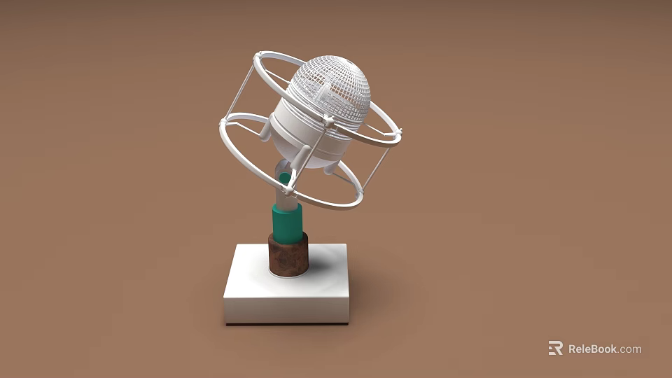White Musical Instrument Microphone with Circular Ring Stand and Green Brown Base on Brown Background 3d model 