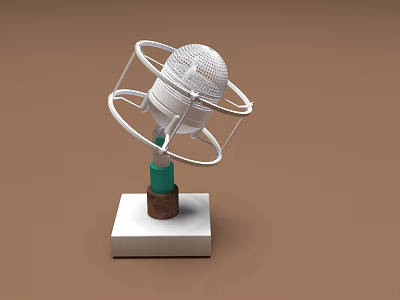 White Musical Instrument Microphone with Circular Ring Stand and Green Brown Base on Brown Background 3d model