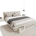 Modern Upholstered Double Bed With Soft Pillows Bedside Table And Beige Rug 3d model