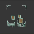 Scene Components Including Decorative Carved Corner Pieces Photo Frames And Small Cabinets