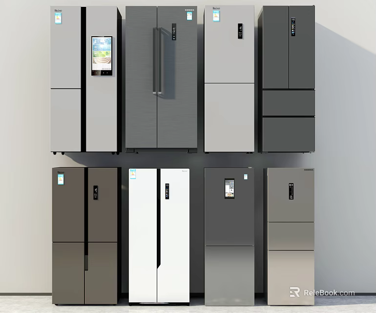 Modern Refrigerators and Freezers with Various Styles Different Colors Neatly Arranged 3d model 
