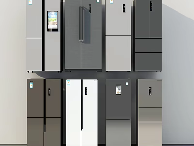 Modern Refrigerators and Freezers with Various Styles Different Colors Neatly Arranged 3d model