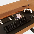 Gaming Computer Setup On Wooden Desk With Keyboard Mouse Controllers And Cartoon Mouse Pad