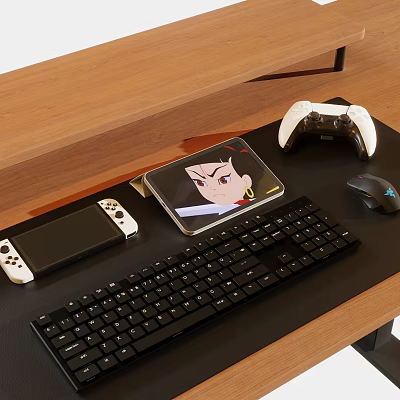 Gaming Computer Setup On Wooden Desk With Keyboard Mouse Controllers And Cartoon Mouse Pad 3d model