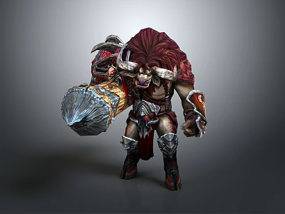 Horned Minotaur Warrior Character With Red Mane Spiked Armor And Giant Hammer Weapon 3d model