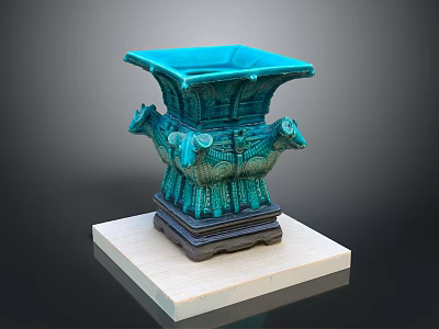 Turquoise Square Bronze Vessel With Sheep Head Decorations On Wooden Base 3d model