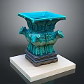 Turquoise Square Bronze Vessel With Sheep Head Decorations On Wooden Base