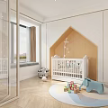 Kids Room Interior With House Shaped Wall Decor White Crib Toys Wooden Bookshelf And Rug