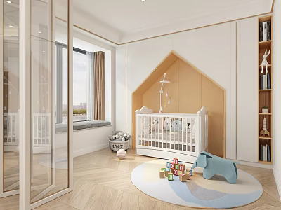 Kids Room Interior With House Shaped Wall Decor White Crib Toys Wooden Bookshelf And Rug 3d model