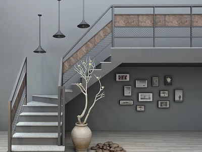 Modern Stairs with Gray Steps Metal Railing Pendant Lights Framed Wall Decor and Wooden Floor 3d model