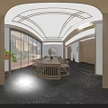 Elegant Modern Tea House Interior With Wooden Bookshelves Chandelier Long Table Sofa And Rug