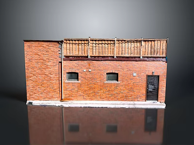 Red Brick Building Exterior With Two Windows One Door And Wooden Railing 3d model
