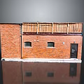 Red Brick Building Exterior With Two Windows One Door And Wooden Railing