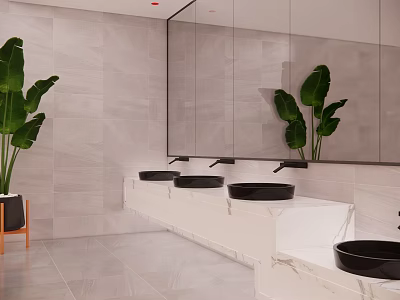 Modern Public Restroom With Marble Countertops Black Sinks Large Mirrors And Green Plants 3d model
