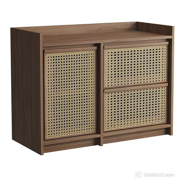 Modern Wooden Entryway Console Table with Rattan Weave Doors and Storage 3d model 