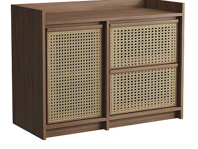 Modern Wooden Entryway Console Table with Rattan Weave Doors and Storage 3d model