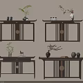 Traditional Chinese Wooden Console Tables With Decorative Plants Vases And Tea Sets