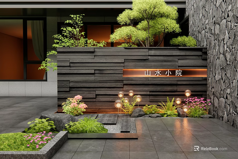 Scenic Wall In Courtyard With Green Plants Trees And Decorative Lights 3d model 