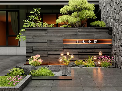 Scenic Wall In Courtyard With Green Plants Trees And Decorative Lights 3d model