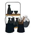 Black Glass Bottles and Small Drinking Cups on Rattan Layer Shelf with Modern Decorative Design