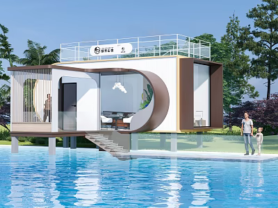 Modern Detached Villa Built Over Water Pool With Glass Elements And Terrace Surrounded By Trees 3d model