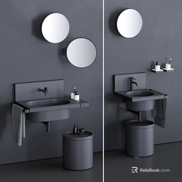 Modern Minimalist Wall Mounted Washbasin With Round Mirror Toiletries Towel And Storage Bin 3d model 
