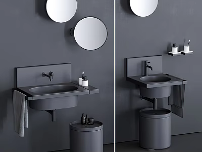Modern Minimalist Wall Mounted Washbasin With Round Mirror Toiletries Towel And Storage Bin 3d model