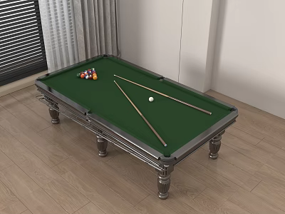 Modern Billiard Table With Green Felt Surface Billiard Balls And Cues In Wooden Floor Room 3d model