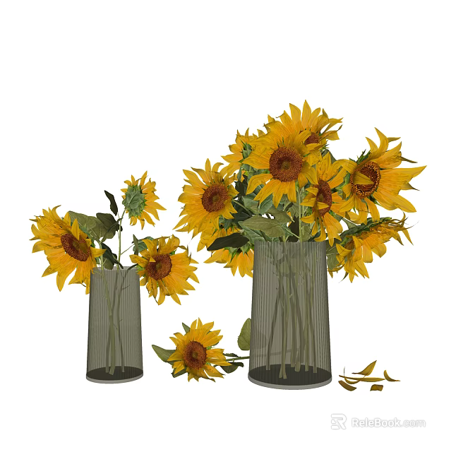 Decorative Glass Vases With Fresh Yellow Sunflowers And Green Leaves For Home Decor 3d model 