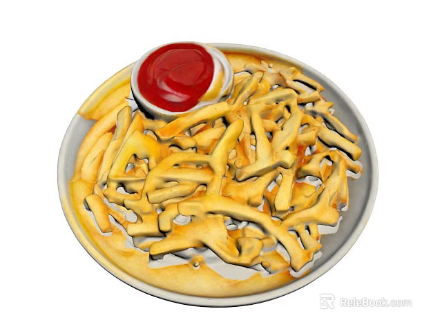 Crispy French Fries Served On A Plate With Red Ketchup Dip 3d model 