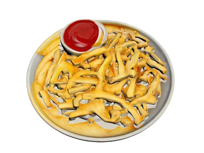 Crispy French Fries Served On A Plate With Red Ketchup Dip 3d model