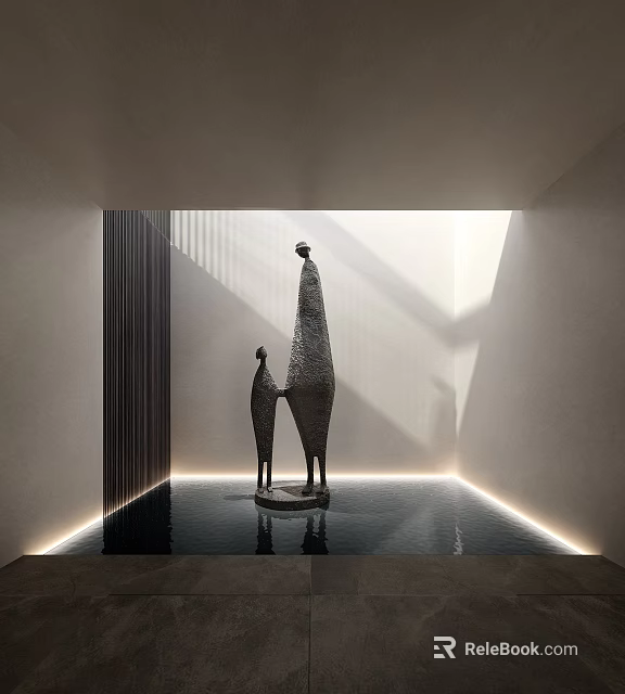 Modern Textured Sculptures On Water Platform In Indoor Space With Light And Shadows 3d model 