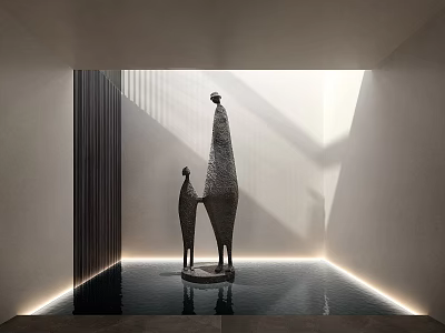 Modern Textured Sculptures On Water Platform In Indoor Space With Light And Shadows 3d model