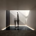 Modern Textured Sculptures On Water Platform In Indoor Space With Light And Shadows