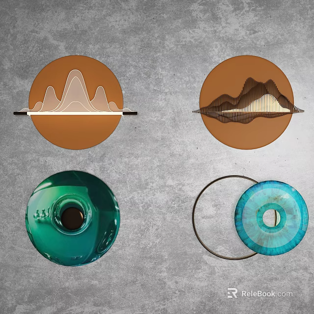 Circular Wall Decor With Mountain Patterns Green Vase And Overlapping Blue Brown Elements 3d model