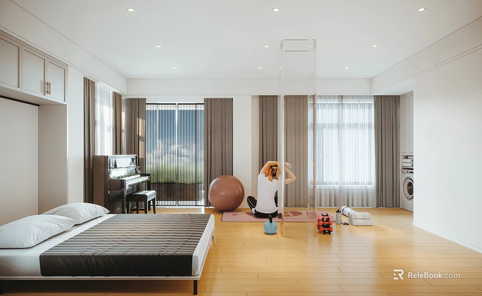 Spacious Modern Bedroom With Bed Yoga Practice Piano Wooden Flooring And Floor To Ceiling Windows 3d model 
